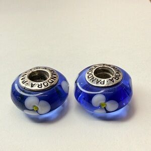 Retired Pandora Blue Murano White Flower Glass Charms Set of 2 ALE 925